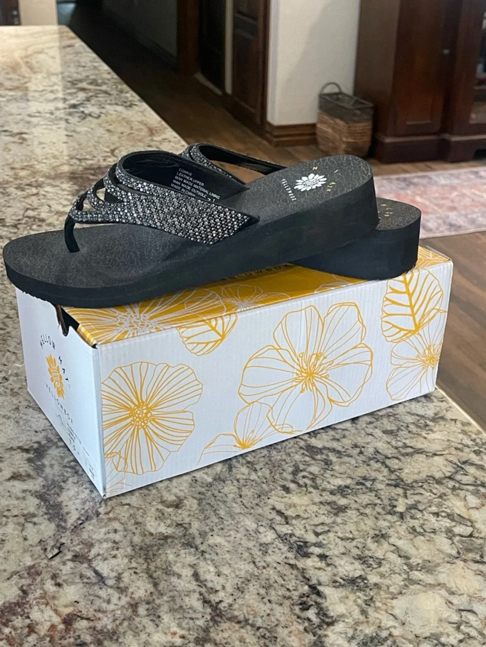 Yellow Box Black Crystal-Embellished Wedge Sandals - Picture 2 of 3